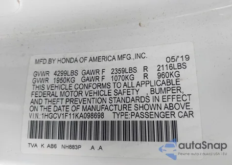 2019 Honda Accord Lx z USA, uszkodzony, nr VIN 1HGCV1F11KA098698